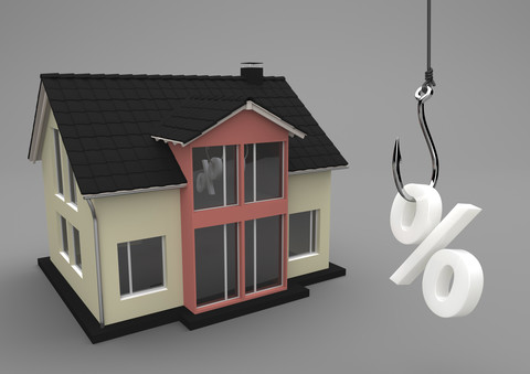 3D-Illustration, Hausbau mit Angelhaken und Symbol von Prozent, lizenzfreies Stockfoto