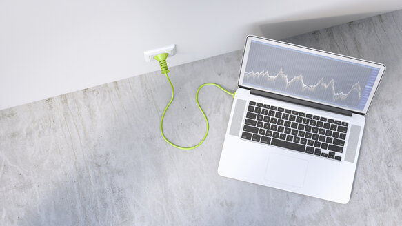 3D Rendering, Laptop with green cable, clean energy - AHUF000199