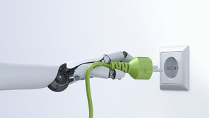 Robot hand with green plug, plug socket, 3D Rendering - AHUF000207