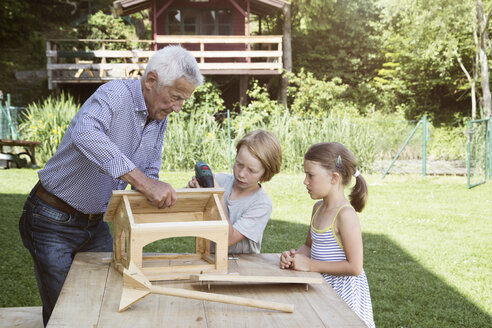 Grandfather and grandchildren building up a birdhouse - RBF004753