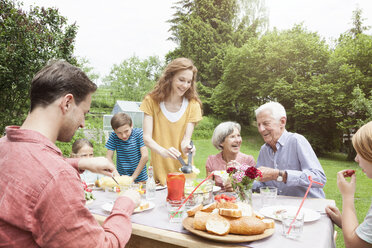 Happy extended family dining in garden - RBF004775