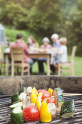 Gemüsespieße auf dem Grill mit Familie im Hintergrund - RBF004777