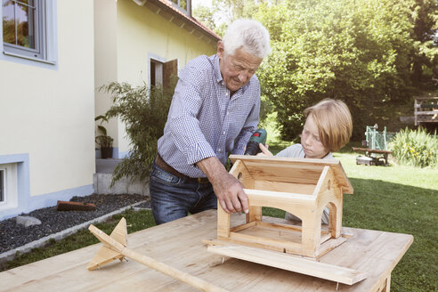 Grandfather and grandson building up a birdhouse - RBF004795