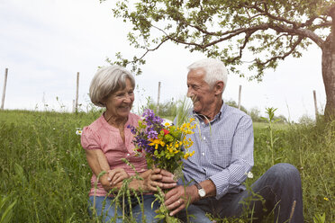 Glückliches älteres Paar mit Blumenstrauß auf einer Wiese - RBF004825