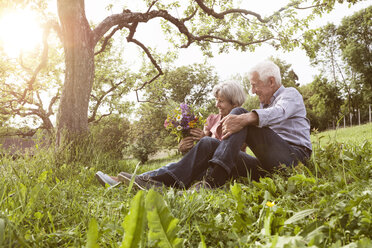 Glückliches älteres Paar mit Blumenstrauß auf einer Wiese - RBF004830