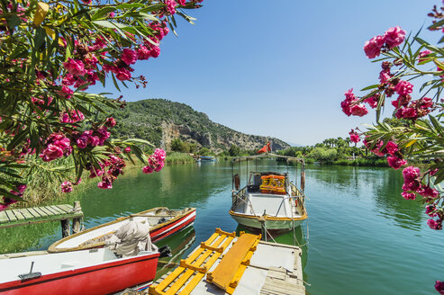 Türkei, Dalyan, Anlegestelle mit vertäutem Ausflugsboot - THAF001645