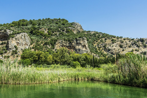 Türkei, Dalyan, Lykische Felsengräber der antiken Stadt Kaunos, lizenzfreies Stockfoto