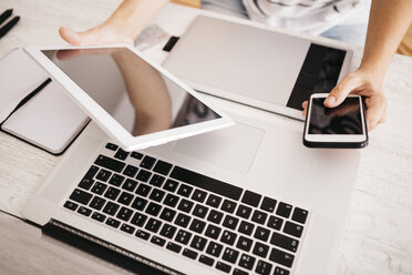 Young woman using different devices to work on the network - JRFF000787