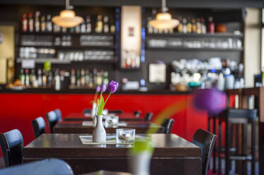 Blumen auf dem Tisch in einem leeren Cafe - DIGF000780