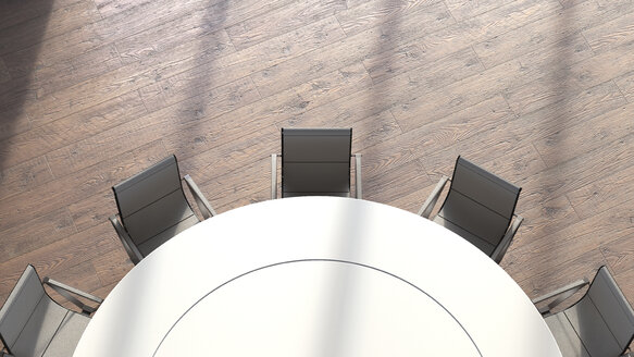 Blick auf runden Konferenztisch von oben, 3D Rendering - UWF000932