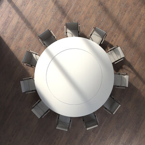 Blick auf runden Konferenztisch von oben, 3D Rendering - UWF000934