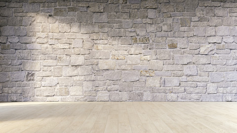 Natursteinwand und Holzboden, 3D Rendering, lizenzfreies Stockfoto