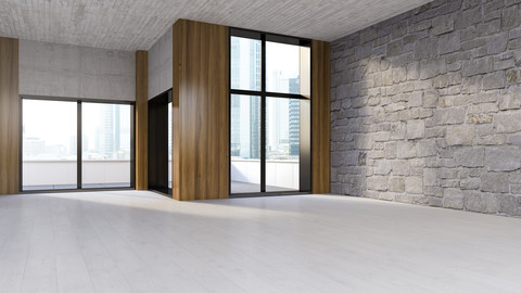 Leerer Raum mit Holzboden, Naturstein und Betonwand, 3D Rendering, lizenzfreies Stockfoto
