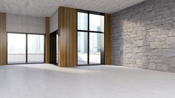 Leerer Raum mit Holzboden, Naturstein und Betonwand, 3D Rendering - UWF000937