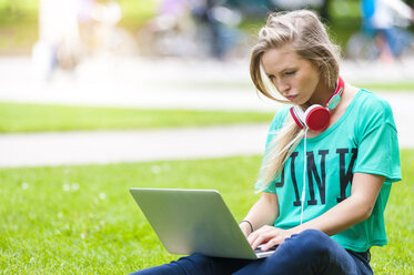 Young woman sitting on a meadow using laptop - DIGF000822