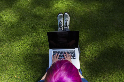 Junge Frau mit gefärbten Haaren sitzt auf einer Wiese und benutzt einen Laptop, Draufsicht, lizenzfreies Stockfoto