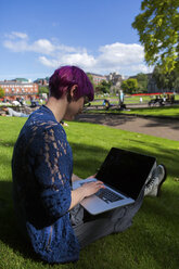 Junge Frau mit gefärbtem Haar sitzt auf einer Wiese und benutzt einen Laptop - BOYF000472