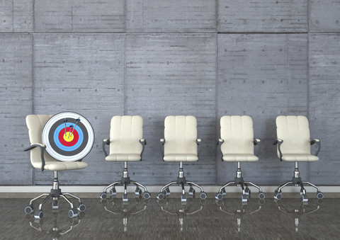 Head Hunter, swivel chairs with target and arrows in a room, 3D Illustration stock photo