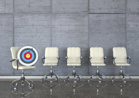 Head Hunter, swivel chairs with target and arrows in a room, 3D Illustration - ALF000709