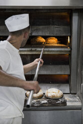Bäcker nimmt frisch gebackenes Brot aus dem Ofen einer Bäckerei - ABZF000909