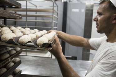 Bäcker legt ein Tablett mit Brotteig in einer Bäckerei - ABZF000913