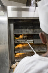 Bäcker nimmt frisch gebackenes Brot aus dem Ofen einer Bäckerei - ABZF000917