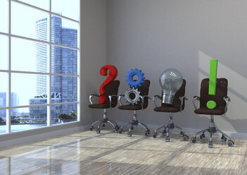 3d illustration, planning concept, swivel chairs with question mark, gears, bulb and exclamation mark in a office - ALF000711