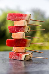 Stack of watermelon and rockmelon popsicles - SARF002841