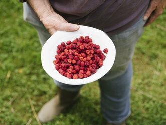 Frau hält Schale mit japanischen Weinbeeren - HAWF000951