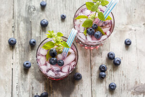 Frisches Mineralwasser mit Blaubeeren, Minze, Sirup und Eis - JUNF000565