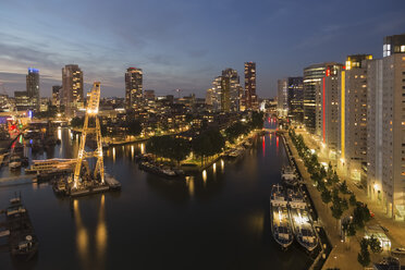 Niederlande, Rotterdam, Hafen mit Kran am Abend - FCF001028