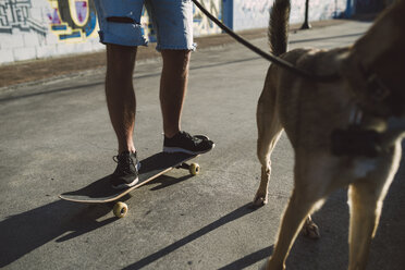 Skateboarder mit seinem Hund in einem Skatepark, Teilansicht - RAEF001349
