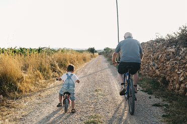 Rückenansicht eines kleinen Jungen und seines Urgroßvaters bei einer Fahrradtour - JRFF000809