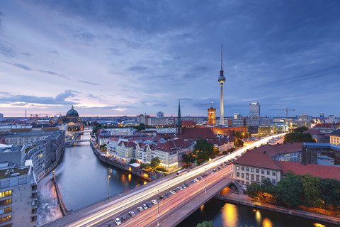 Germany, Berlin, Berlin-Mitte, Fisher Island and Berlin TV Tower in the evening stock photo