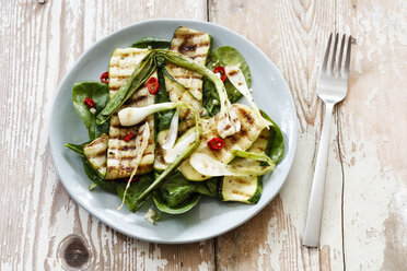 Salat mit Spinat, gegrillten Zucchini, Frühlingszwiebeln auf Teller, vegan - EVGF003031