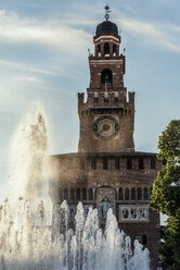 Italy, Milan, view to Sforza Castle with fountain in the foreground - CSTF001137