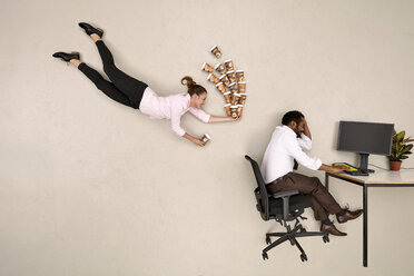 Businesswoman flying with coffee to working colleague - BAEF001222