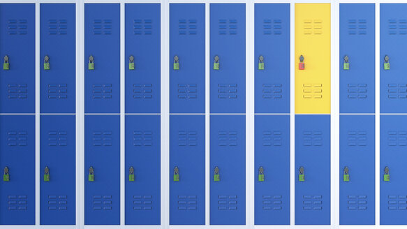 Yellow locker between rows of blue lockers, 3D Rendering - AHUF000222