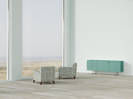 Lounge mit Sesseln und Sideboard mit Blick auf den Strand, 3D Rendering - UWF000945