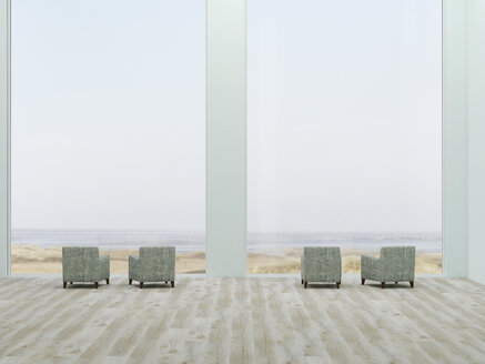 Lounge mit vier Sesseln und Blick auf den Strand, 3D Rendering - UWF000946