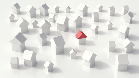 Gruppe von Einfamilienhäusern auf weißem Grund, 3D Rendering - UWF000953