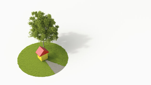 Einfamilienhaus unter einem Baum, 3D Rendering - UWF000955