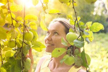 Smiling woman under an apple tree - KNTF000457