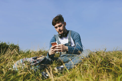 Junger Mann sitzt auf einer Wiese und benutzt ein Mobiltelefon - BOYF000537