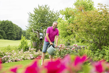 Lächelnder Mann, der seine Rosen im Garten gießt - JUNF000589