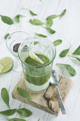 Green smoothie, ingredients, chia seeds, yogurt, spinach, avocado, cucumber, pear and lime - ASF005985