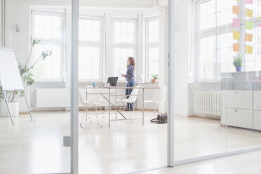 Woman standing at the window in bright office - RBF004989