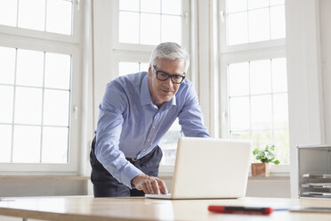 Älterer Geschäftsmann mit Laptop am Schreibtisch - RBF005047