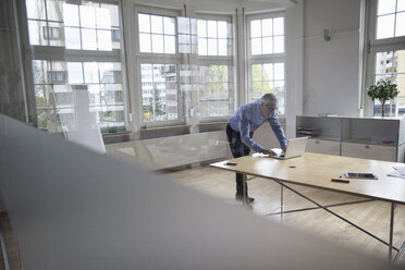 Mature businessman using laptop on boardroom table - RBF005071