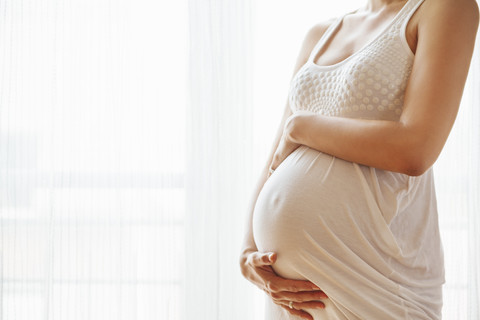 Pregnant woman holding her belly, copy space stock photo